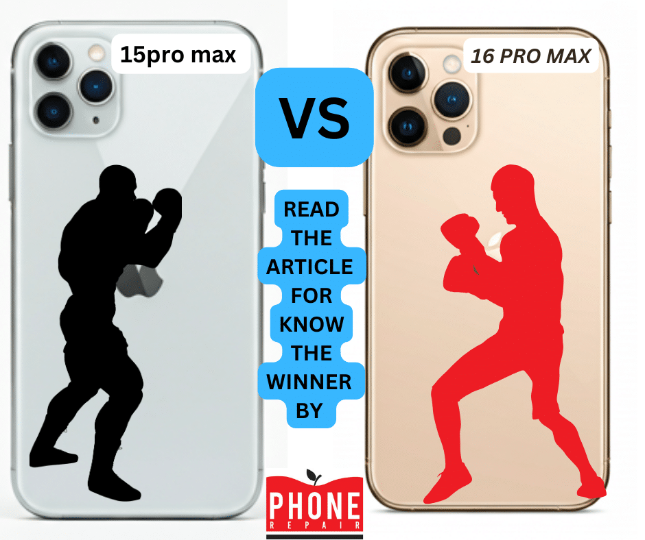 A comparison image showing the iPhone 15 Pro Max on the left with a silhouette of a black boxer and the iPhone 16 Pro Max on the right with a silhouette of a red boxer. Between them, there is a "VS" sign in a blue box, and below it, text reads, "READ THE ARTICLE TO KNOW THE WINNER." At the bottom, the Phone Repair logo is displayed.