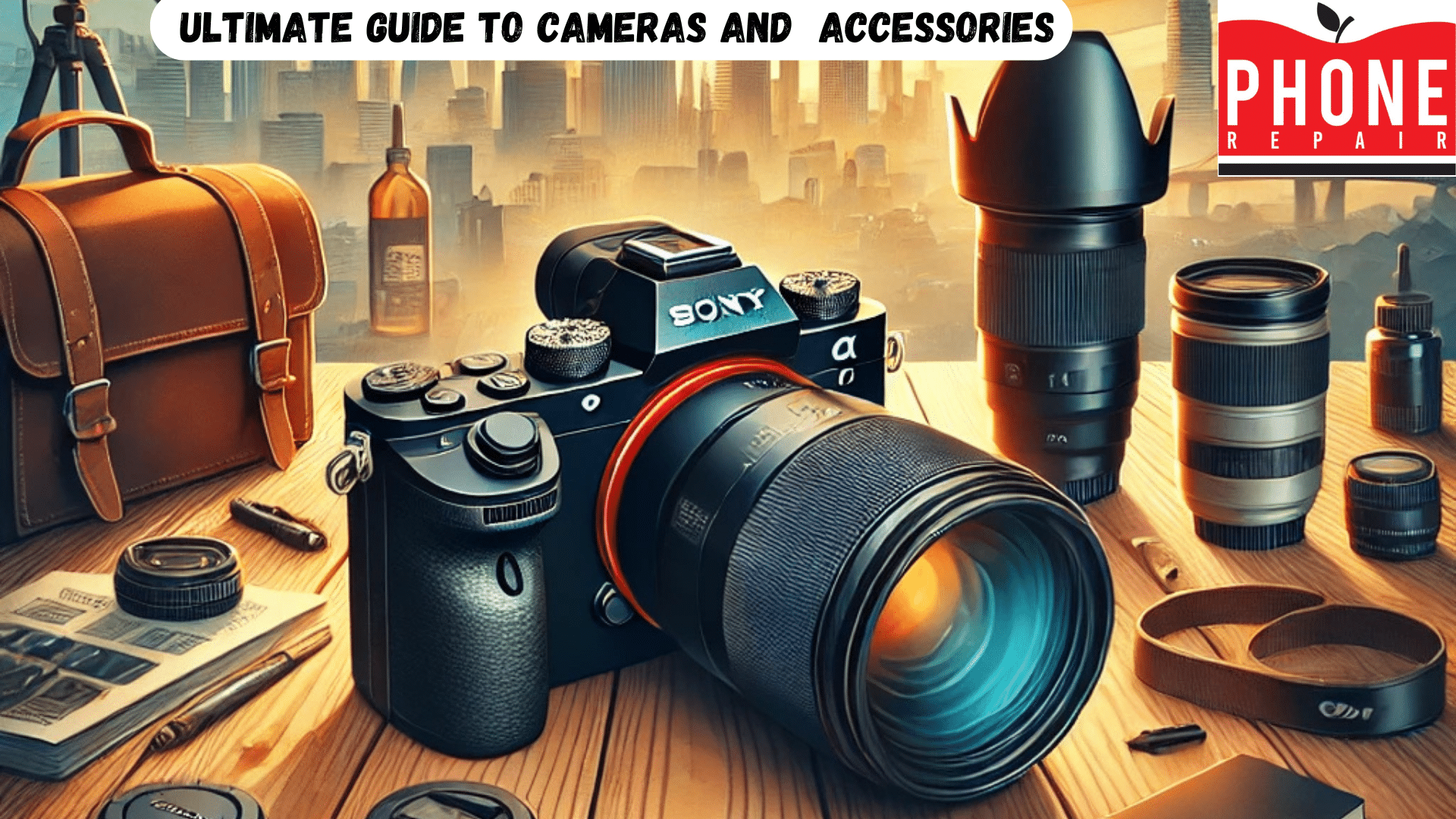 A professional camera sits on a wooden table surrounded by photography accessories, including lenses, a tripod, a camera bag, and memory cards. The background features a blurred cityscape and natural landscape. Warm tones of gold, orange, and blue create a modern, inviting vibe. Text reads: 'The Ultimate Guide to Cameras and Photography Accessories' with a subtitle 'Find the Perfect Gear for Your Needs.
