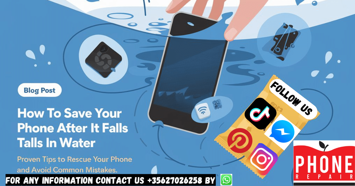 Smartphone partially submerged in water with a hand reaching to rescue it. Icons represent key steps: power-off symbol, SIM card, silica gel packet, and repair tools. Title reads: 'How to Save Your Phone After It Falls in Water: Expert Tips That Actually Work (No Rice Needed!)'