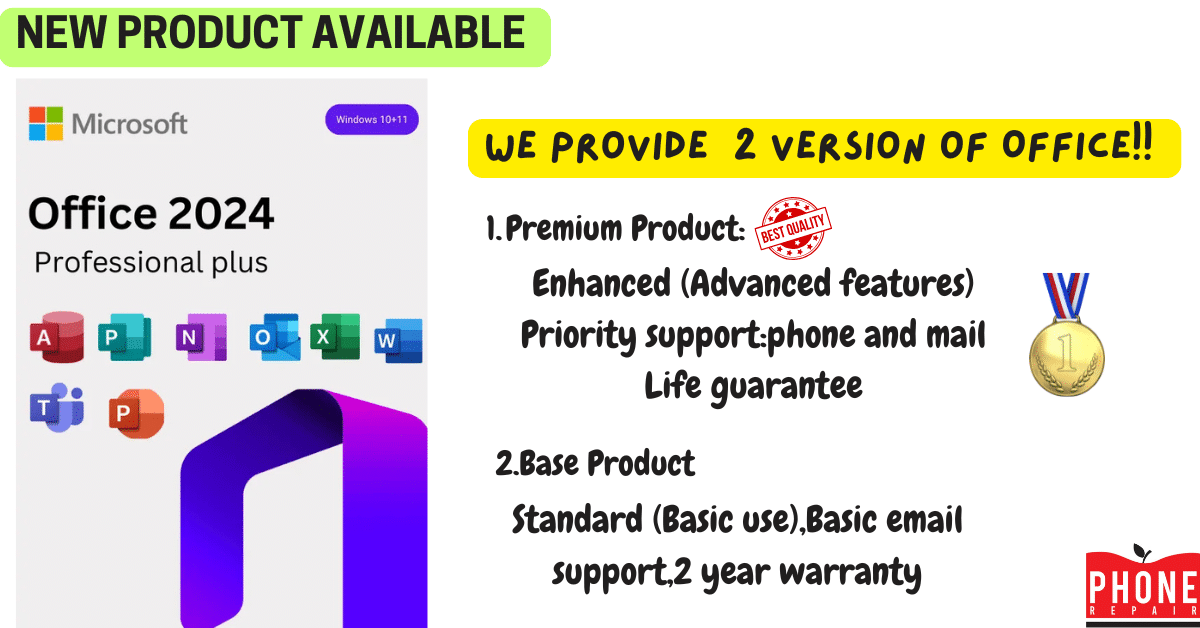 Microsoft Office 2024 Professional Plus poster featuring product icons and two service versions offered by Phone Repair Malta: Premium Product with advanced features, priority support, and lifetime guarantee; Base Product with basic use, standard email support, and 2-year warranty."
