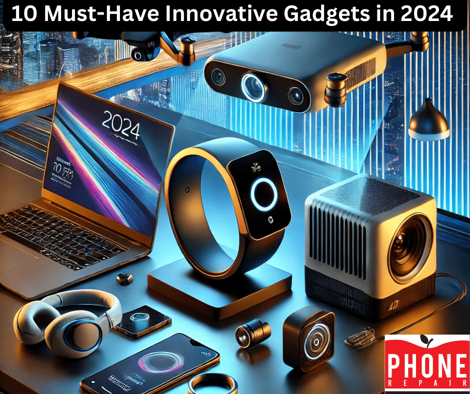 Modern cover image for a tech blog article. A sleek, minimalist desk features a smart ring (Oura Ring), portable mini projector, Sony WH-1000XM5 headphones, DJI Mini 4K drone, and galaxy projector. A smartphone and laptop are also visible. The background shows a blurred futuristic cityscape at night. Text reads: '10 Must-Have Innovative Gadgets in 2024' with a subtitle 'Discover the Future of Tech.'