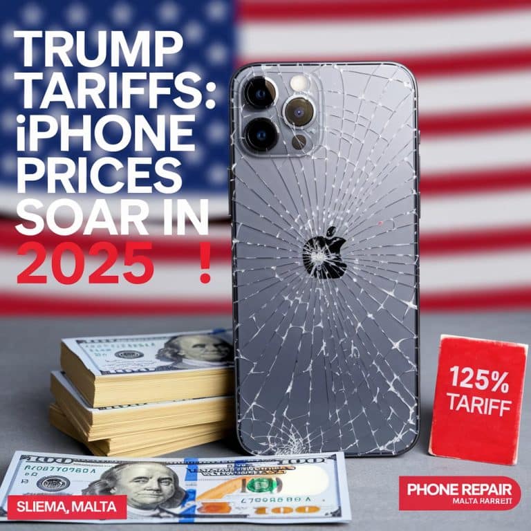 Close-up of an iPhone 16 Pro Max with a cracked screen, placed next to a stack of U.S. dollar bills and a red '125% Tariff' sign. A blurred world map in the background symbolizes global impact on iPhone repair costs. Bold text overlay in white and red reads: 'Trump Tariffs: iPhone Prices Soar in 2025!' The Phone Repair Malta logo is in the bottom right corner, with a 'Global iPhone Repair' tag in the bottom left.