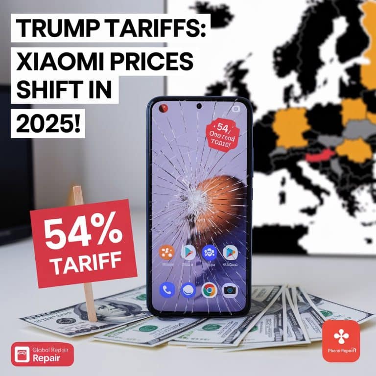 Close-up of a Xiaomi Redmi Note 14 with a cracked screen, placed on a white surface next to U.S. dollar bills and a red '54% Tariff' sign. A blurred Europe map in the background highlights the focus on the European market. Bold text overlay in white and green reads: 'Trump Tariffs: Xiaomi Prices Shift in 2025!' The Phone Repair Malta logo is in the bottom right corner, with a 'Global Redmi Repair' tag in the bottom left."