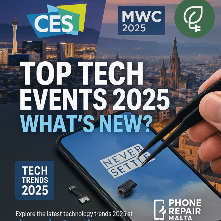 "Futuristic tech collage with Las Vegas skyline and CES 2025 logo, Barcelona cityscape with MWC 2025 banner, and a green energy symbol for GreenTech Festival. A OnePlus 6T with a broken headphone jack being repaired with tools is in the foreground. Bold text overlay in white and blue reads: 'Top Tech Events 2025: Whatβs New?' The Phone Repair Malta logo is in the bottom right corner, with a 'Tech Trends 2025' tag in the bottom left.