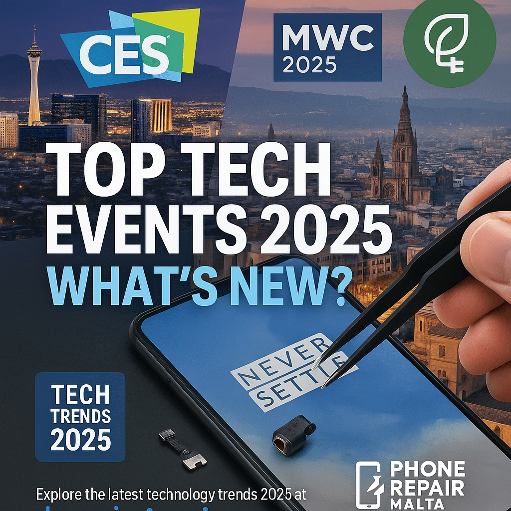 "Futuristic tech collage with Las Vegas skyline and CES 2025 logo, Barcelona cityscape with MWC 2025 banner, and a green energy symbol for GreenTech Festival. A OnePlus 6T with a broken headphone jack being repaired with tools is in the foreground. Bold text overlay in white and blue reads: 'Top Tech Events 2025: What’s New?' The Phone Repair Malta logo is in the bottom right corner, with a 'Tech Trends 2025' tag in the bottom left.