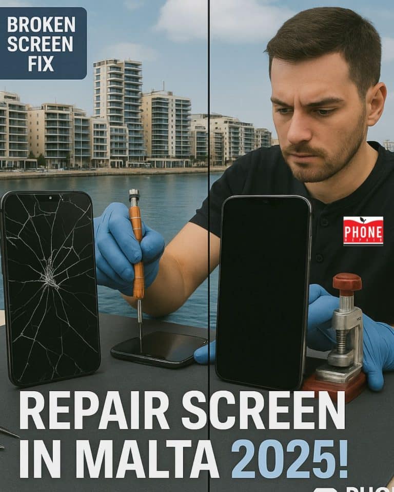 Technician at Phone Repair Malta repairing a broken iPhone screen, showing a cracked screen before and a pristine screen after. Set against a Sliema, Malta skyline with tools like a screwdriver and pressure machine. Text overlay reads: 'Repair Screen in Malta 2025!' with Phone Repair Malta logo and 'Broken Screen Fix' badge.