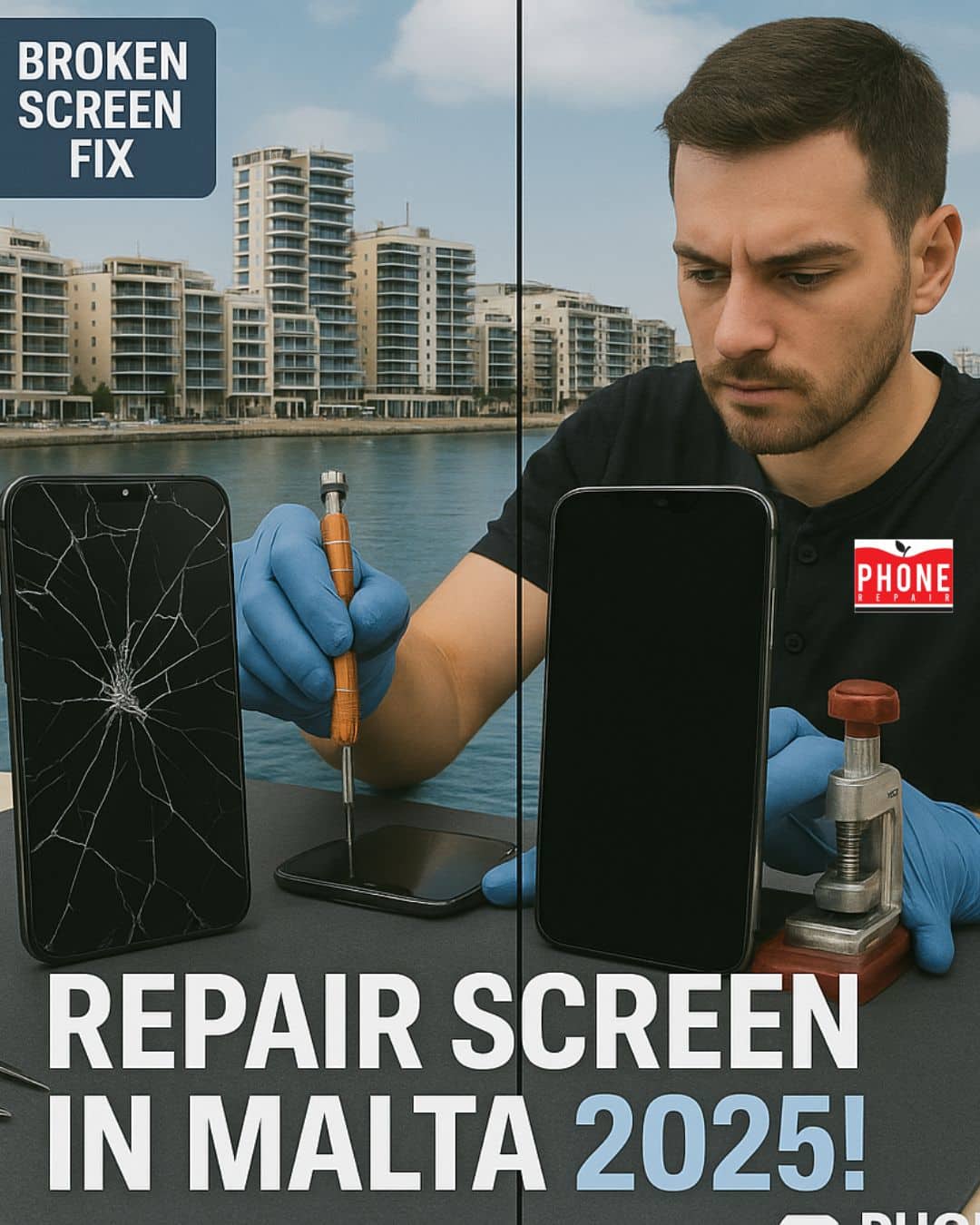 Technician at Phone Repair Malta repairing a broken iPhone screen, showing a cracked screen before and a pristine screen after. Set against a Sliema, Malta skyline with tools like a screwdriver and pressure machine. Text overlay reads: 'Repair Screen in Malta 2025!' with Phone Repair Malta logo and 'Broken Screen Fix' badge.