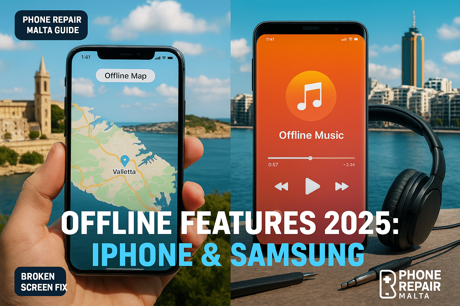 Split-screen image of an iPhone showing an offline map with a Malta landscape and a Samsung phone playing offline music with headphones, set against a Sliema skyline. Text overlay reads: 'Offline Features 2025: iPhone & Samsung.' Includes Phone Repair Malta logo and a 'Phone Repair Malta Guide' badge.