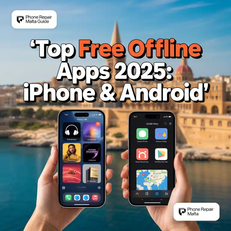 Split-screen image of an iPhone and Android device showcasing offline apps for music, movies, games, reading, and daily use, set against a Malta landscape with the Sliema skyline. Text overlay reads: 'Top Free Offline Apps 2025: iPhone & Android.' Includes Phone Repair Malta logo and a 'Phone Repair Malta Guide' badge.