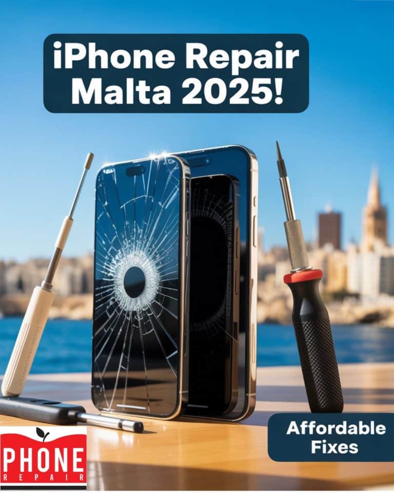 Phone Repair Malta repairing a broken iPhone screen, displaying a cracked screen and a new screen side by side. Tools like a suction cup and screwdriver are visible, with a Sliema, Malta skyline in the background. Text overlay reads: 'iPhone Repair Malta 2025!' with Phone Repair Malta logo and an 'Affordable Fixes' badge