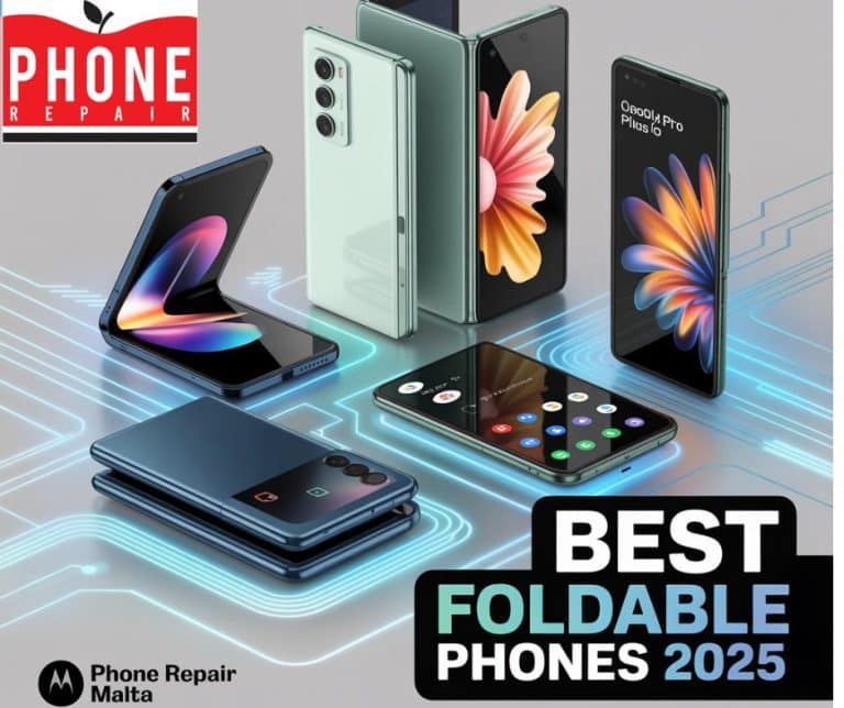 Futuristic collage of the best foldable phones 2025: Samsung Galaxy Z Fold 6 unfolding, Oppo Find N5 ultra-thin design, Google Pixel 9 Pro Fold vibrant screens, Motorola Razr Plus 2025 flipping open, and OnePlus Open multitasking. Set against a tech background with circuit patterns. Bold text overlay in white and blue reads: 'Best Foldable Phones 2025!' Phone Repair Malta logo in the bottom right, 'Tech Guide 2025' badge in the top left.