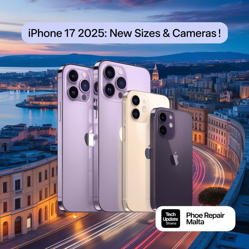 Futuristic image of the iPhone 17 lineup (standard, Air, Pro, Pro Max) against a Malta skyline with Sliema highlighted, showcasing new sizes and camera layouts with 24MP front and 48MP rear lenses. Text overlay reads: 'iPhone 17 2025: New Sizes & Cameras!' Features Phone Repair Malta logo and 'Tech Update Sliema' badge.