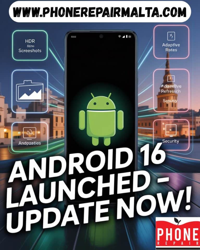 Futuristic illustration of an Android smartphone with the Android 16 logo, showcasing HDR screenshots and security features, set against a Sliema, Malta skyline, promoting the June 2025 update by Phone Repair Malta.