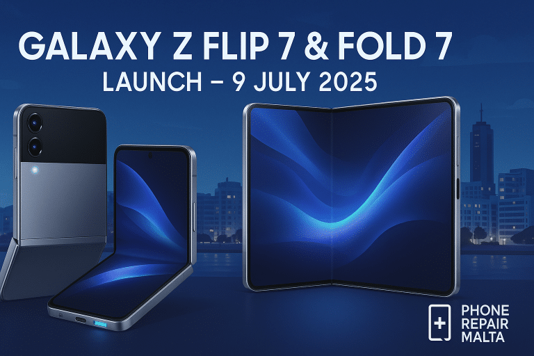 Illustration of Samsung Galaxy Z Flip 7 with 6.85" internal display and 4" cover screen, and Galaxy Z Fold 7 with 8.2" main display and 6.5" cover, set against a Sliema, Malta skyline, promoting the Galaxy Unpacked 9 July 2025 event by Phone Repair Malta.