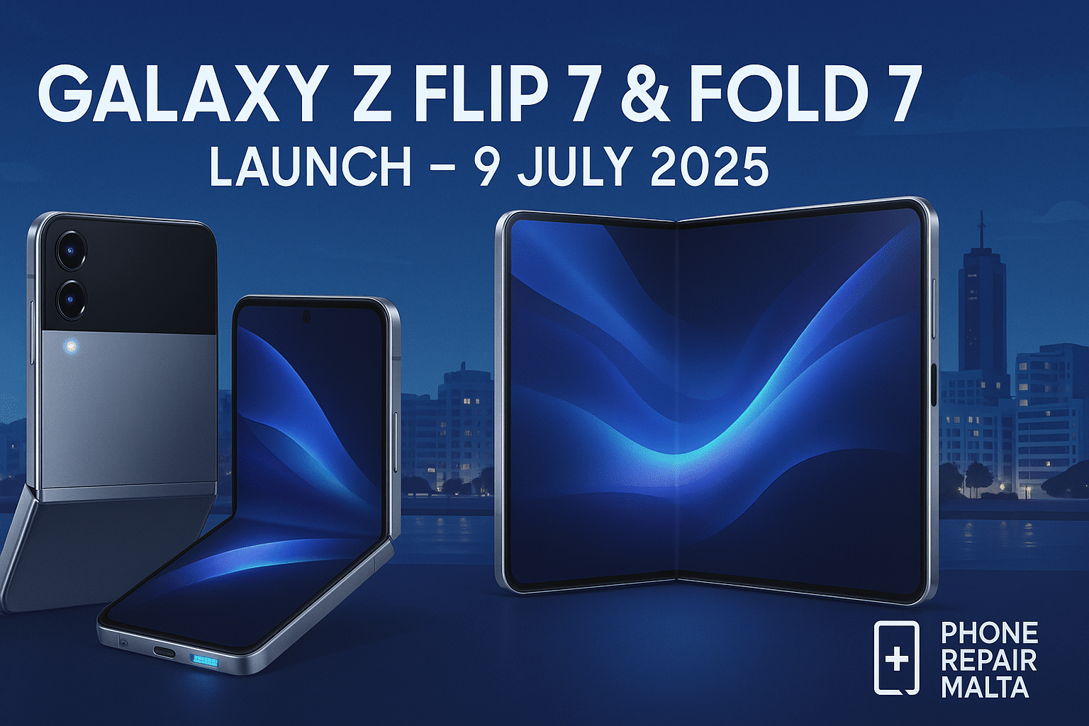 Illustration of Samsung Galaxy Z Flip 7 with 6.85" internal display and 4" cover screen, and Galaxy Z Fold 7 with 8.2" main display and 6.5" cover, set against a Sliema, Malta skyline, promoting the Galaxy Unpacked 9 July 2025 event by Phone Repair Malta.