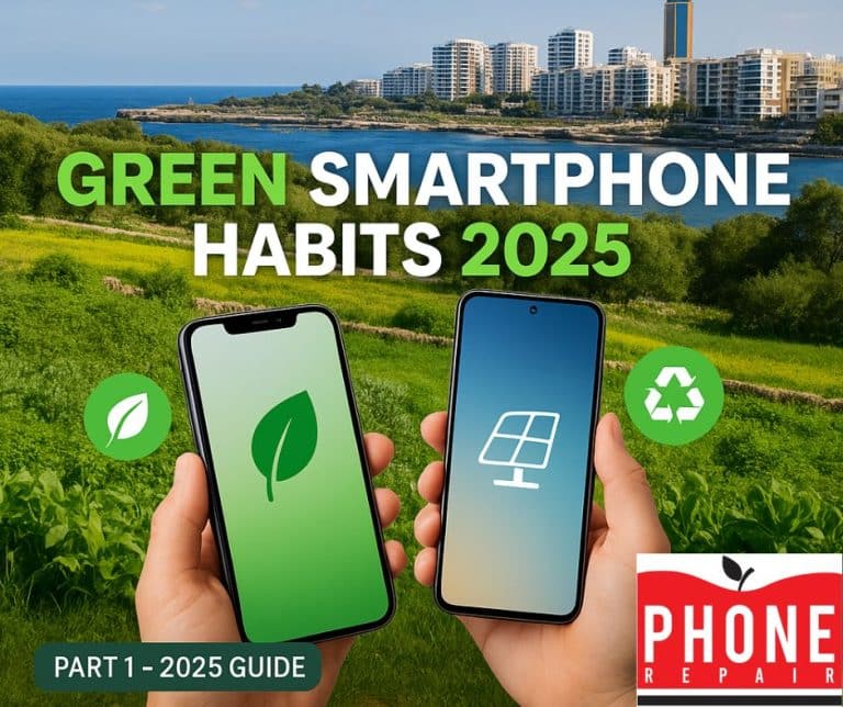 Serene Malta landscape with the Sliema skyline, featuring an iPhone and Android phone surrounded by eco-friendly icons (leaf, solar panel, recycle symbol). Text overlay reads: 'Green Smartphone Habits 2025.' Includes Phone Repair Malta logo and a 'Phone Repair Malta Guide' badge.