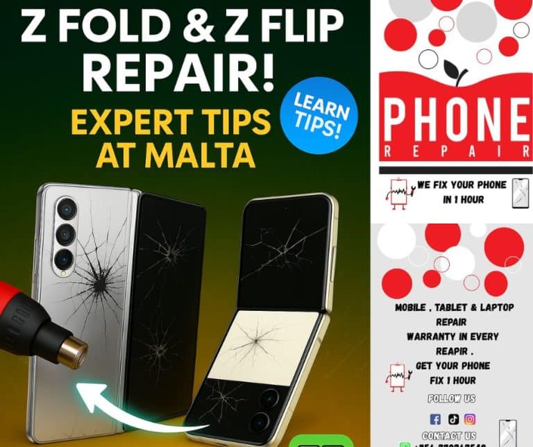 Technician repairing cracked Samsung Z Fold and Z Flip screens with a heat gun at Phone Repair Malta, next to repaired phones, promoting mobile repair Malta services with original parts.
