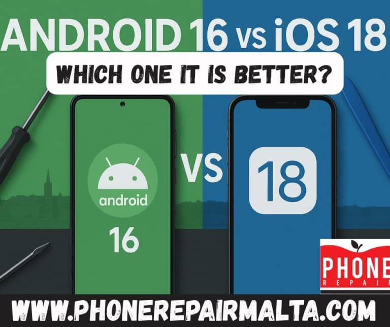 Comparison of Android 16 and iOS 18 with repair tools, featuring an Android device and iPhone with Sliema, Malta skyline in the background, branded by Phone Repair Malta for DIY phone repair and cracked screen repair services