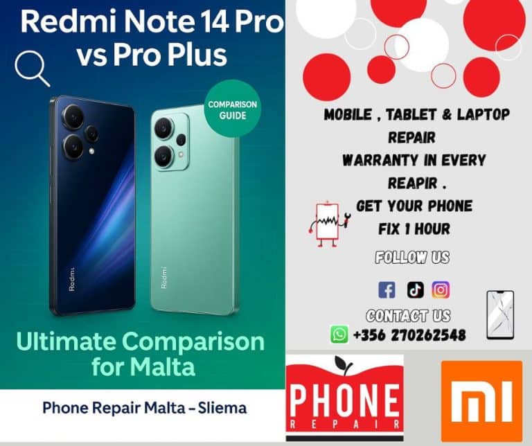This image showcases a side-by-side comparison of the Redmi Note 14 Pro and Redmi Note 14 Pro Plus, highlighting their design, display, and camera features. Perfect for smart shoppers in Malta seeking affordable repair Malta options. An Apple Watch 44mm is included, representing our expert screen replacement Sliema and mobile repair Malta services. Visit https://phonerepairmalta.com for the full article and repair tips. Follow us: https://www.facebook.com/phonerepairsliemamalta/, https://www.instagram.com/phonerepair.sliemamalta/, https://www.tiktok.com/@phonerepairmalta, https://x.com/phonerepairking."