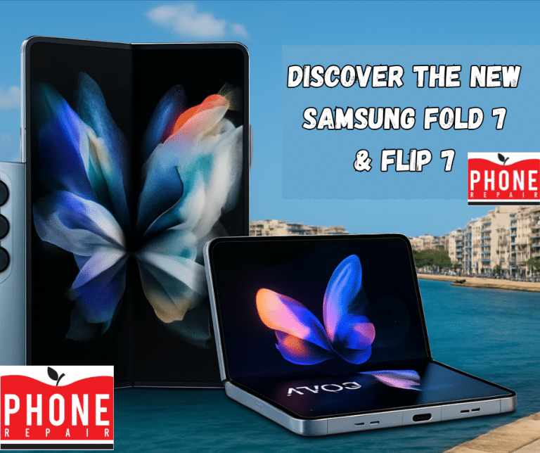 Promotional image featuring the Samsung Galaxy Z Fold 7 and Z Flip 7 unfolded, showcasing their vibrant screens with a photo and video display. The cameras are highlighted with a glow effect, set against the Sliema waterfront in Malta. Text overlay reads 'Discover the New Samsung Fold 7 and Flip 7 - Phone Repair Malta' in blue and silver tones.