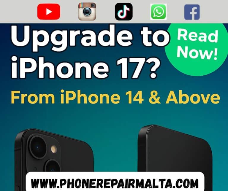 Promotional image for a blog article titled 'Why Upgrade to the iPhone 17 from iPhone 14 and Above: A Detailed Analysis for Smart Users in Malta.' Features a gradient blue-to-teal background with a tech circuit pattern. On the left, an iPhone 14 (midnight black) is angled with its camera visible. On the right, an iPhone 17 (sleek design) with a glowing side flash sensor highlighted in yellow. A white arrow points from iPhone 14 to iPhone 17. Top text reads 'Upgrade to iPhone 17?' in bold white with black outline, and below, 'From iPhone 14 & Above' in gold. Includes a gold upgrade icon in the bottom-left, a blue price tag icon in the bottom-right, and a green 'Read Now!' badge in the top-right.