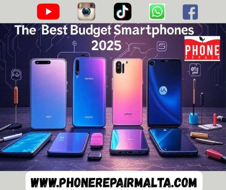 Promotional image for an article titled 'The Best Budget Smartphones Under €300: A Tech Expert’s Guide (2025).' Features a tech-inspired background with a circuit pattern in vibrant colors, showcasing smartphones from Redmi, Samsung, Oppo, Realme, and Motorola. Includes tools like screwdrivers and picks, with icons for camera, gaming, and NFC. Bold text 'The Best Budget Smartphones 2025' in Roboto font, highlighting a professional DIY theme, sized 1280x720px