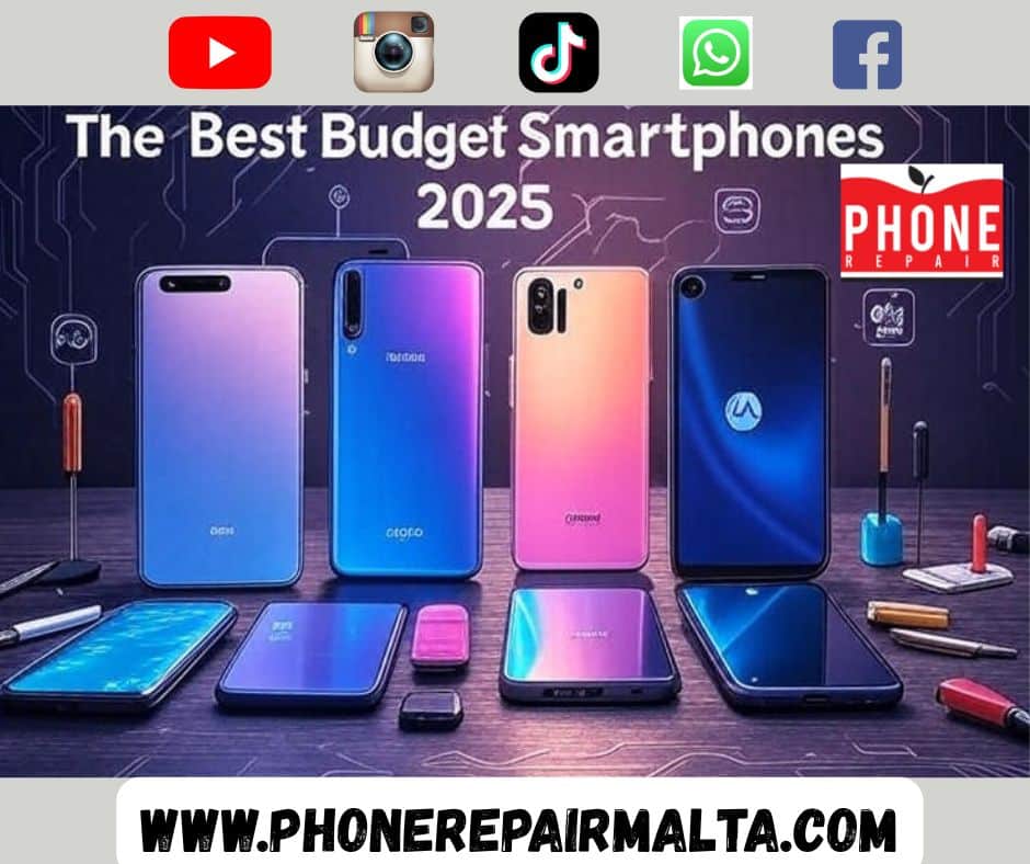 Promotional image for an article titled 'The Best Budget Smartphones Under €300: A Tech Expert’s Guide (2025).' Features a tech-inspired background with a circuit pattern in vibrant colors, showcasing smartphones from Redmi, Samsung, Oppo, Realme, and Motorola. Includes tools like screwdrivers and picks, with icons for camera, gaming, and NFC. Bold text 'The Best Budget Smartphones 2025' in Roboto font, highlighting a professional DIY theme, sized 1280x720px