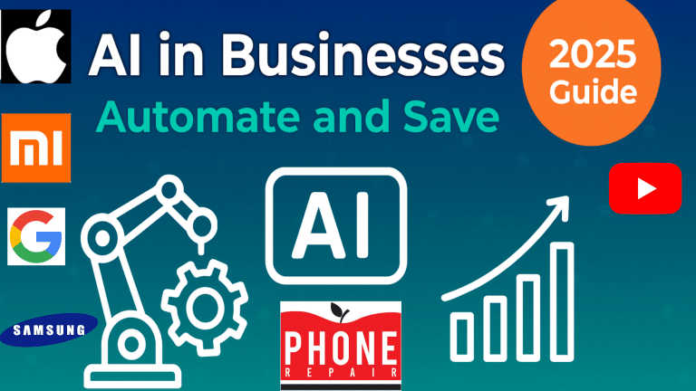 Promotional cover image for the blog article 'AI in Businesses: How to Automate Processes and Optimize Customer Base While Spending Less.' Features a gradient background from deep blue to vibrant green with an AI neural network pattern. Center shows business automation icons: robot arm with gears, AI chat bubble, and growth graph. A Malta flag on the left for localization. Bold text 'AI in Businesses' at the top, 'Automate and Save' below, and an orange '2025 Guide' badge in the top-right corner, sized 1200x628px
