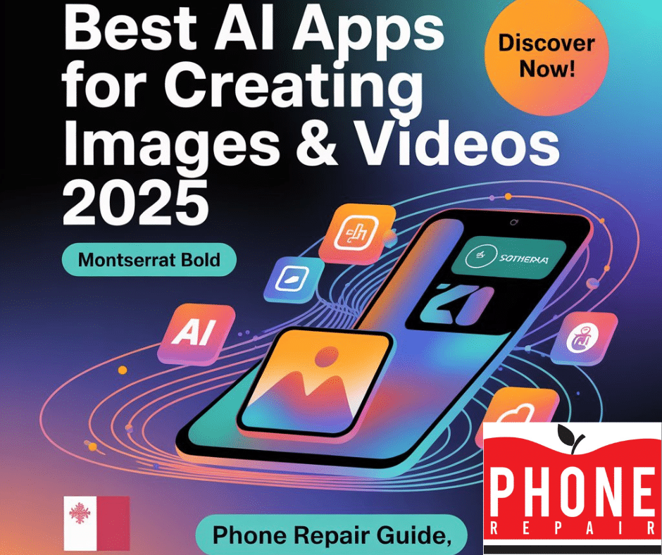 Promotional cover image for the blog article 'Best AI Apps for Creating Images and Videos in 2025: A Complete Guide for Phone Repair and Smartphone Enthusiasts.' Features a gradient background from deep blue to bright teal with an AI neural network pattern. Center showcases a robot creating an image, a video editing interface, and app logos like DALL-E and Synthesia, with a Malta flag in the bottom-left. Bold text 'Best AI Apps for Images & Videos 2025' at the top, 'Phone Repair Guide' below, and an orange 'Discover Now!' badge in the top-right corner, sized 1200x628px.