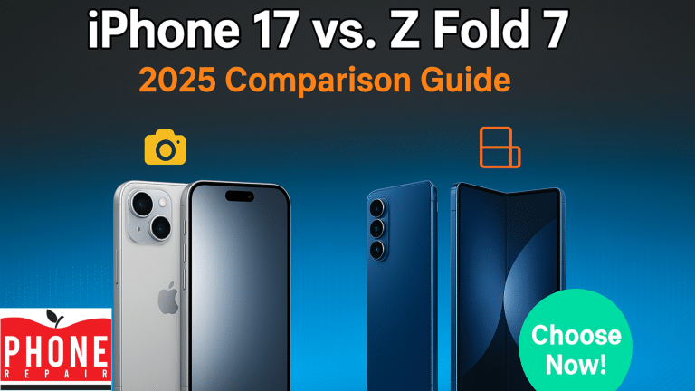 Promotional cover image for the blog article 'iPhone 17 vs. Galaxy Z Fold 7: A 2025 Comparison Guide.' Features a futuristic gradient background from deep space gray to electric blue with a digital waveform pattern, showcasing the iPhone 17 (silver) on the left and Galaxy Z Fold 7 (blue) on the right, both angled at 15° with a soft white glow. Includes a camera icon for iPhone 17 and a dual-screen icon for Z Fold 7, with bold 'iPhone 17 vs. Z Fold 7' text in Roboto font and '2025 Comparison Guide' below, sized 1200x628px.