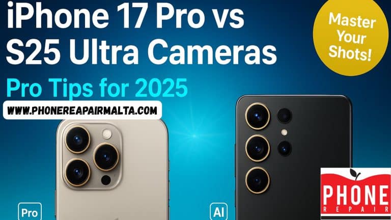 "Cover image comparing iPhone 17 Pro Max in Natural Titanium and Samsung Galaxy S25 Ultra in Phantom Black on a navy-to-cyan gradient background with glowing camera lenses. Best camera settings guide for iPhone 17 Pro, Pro Max, S25 Ultra and S25+ photography and videography tips 2025 – Phone Repair Malta Sliema"