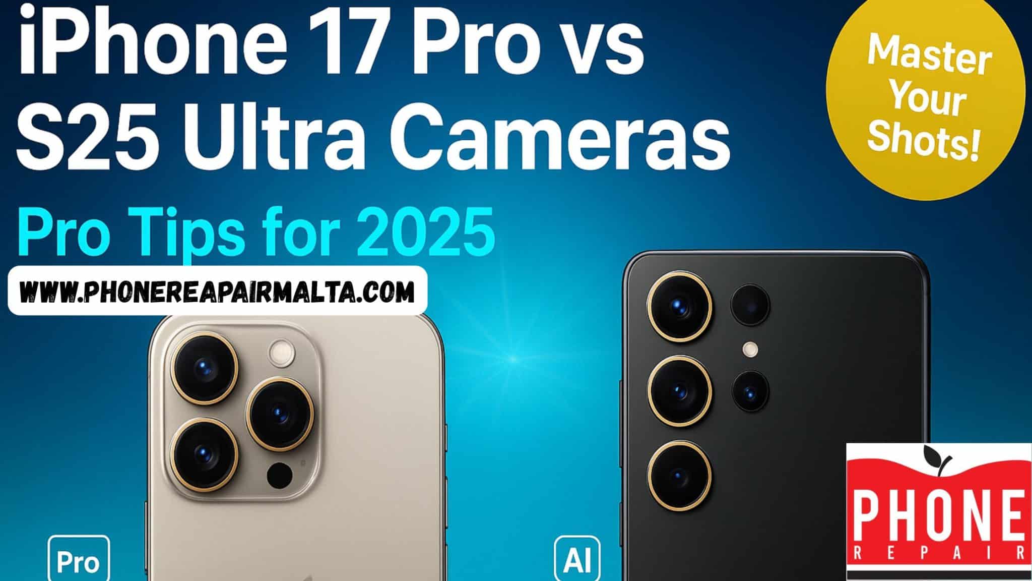 "Cover image comparing iPhone 17 Pro Max in Natural Titanium and Samsung Galaxy S25 Ultra in Phantom Black on a navy-to-cyan gradient background with glowing camera lenses. Best camera settings guide for iPhone 17 Pro, Pro Max, S25 Ultra and S25+ photography and videography tips 2025 – Phone Repair Malta Sliema"