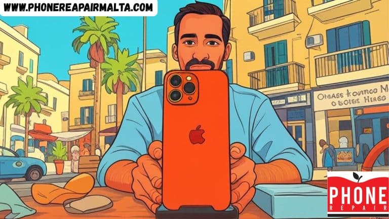 Cartoon illustration of a smiling technician holding a vibrant orange iPhone 17 Pro Max with triple 48MP cameras, freshly unboxed on a sunny Sliema street. The Phone Repair Malta shop sign at 6 Bisazza Street is visible in the background, with Mediterranean-style buildings, palm trees, and a lively café scene under a bright blue sky.
